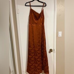 Simply Dreamy Rust Orange Satin Floral Jacquard Maxi Dress